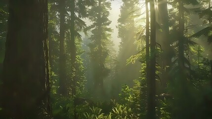 A serene forest scene with sunlight filtering through tall trees and lush greenery.
