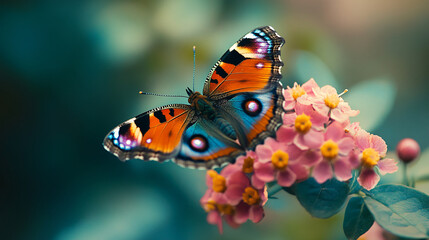 Obraz premium A vibrant butterfly resting on a flowering shrub, showcasing the beauty of nature in close-up detail.
