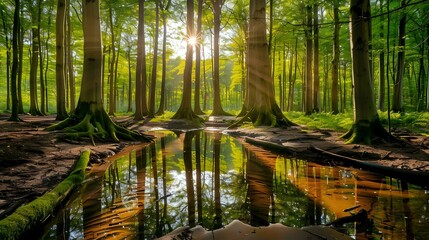 A serene forest scene with sunlight filtering through trees and reflecting on a calm stream.