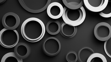 .Abstract black and white 3D circles with layered rings on a dark background