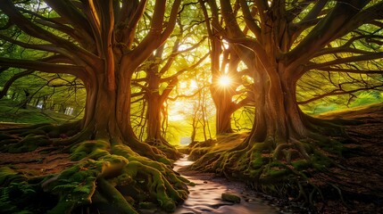 A serene forest scene with sunlight filtering through trees and a gentle stream.