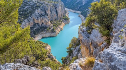 Obraz premium Scenic View of a Turquoise River Between Rocky Cliffs