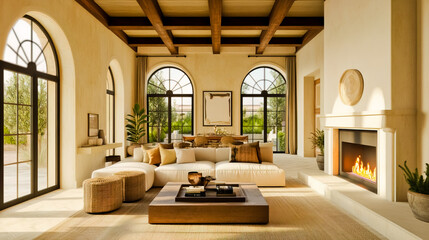 Interior design of a modern living room, featuring a cozy sofa placed against a fireplace.