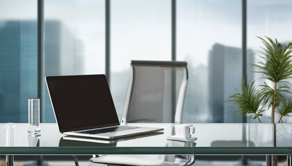 Fototapeta premium Modern office workspace with glass desk and laptop. 3D Rendering