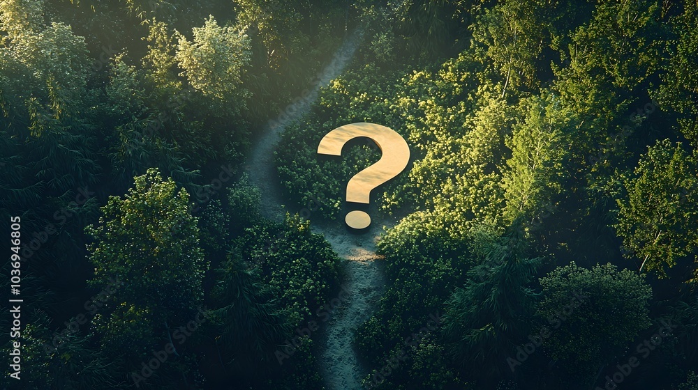 Poster mysterious question mark hovering over a forest crossroad symbolizing life s uncertain path and choi