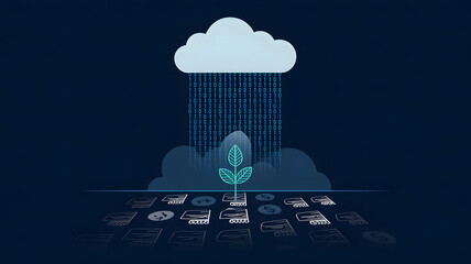 A digital cloud raining down binary data onto a growing plant made of financial reports, symbolizing tech-driven business growth. ( Business Concept )