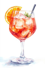 Watercolor depiction of a glass of Aperol Spritz cocktail with ice cubes and an orange slice