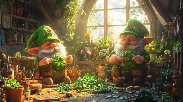 Whimsical illustration of gnomes crafting shamrock decorations a cozy workshop with colorful tools and vibrant St Patrick's Day motifs all around them showcasing creativity and fun