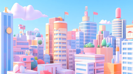 Pastel Cityscape: A Dreamy 3D Illustration of Urban Architecture