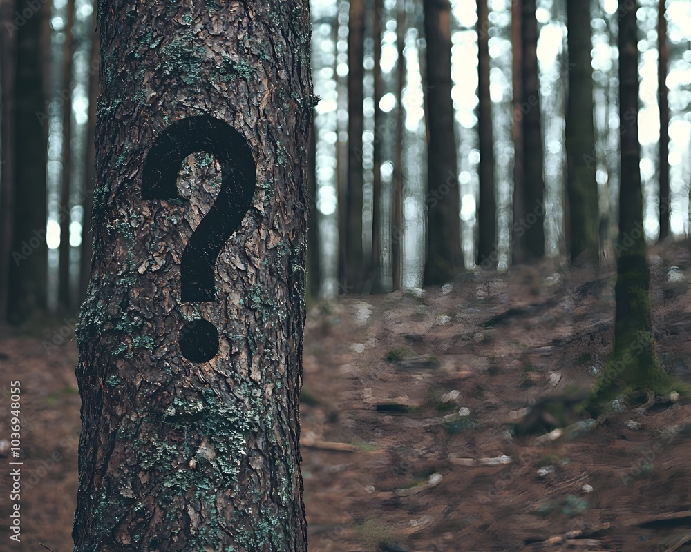 Poster mysterious tree trunk with question mark symbol in dense forest