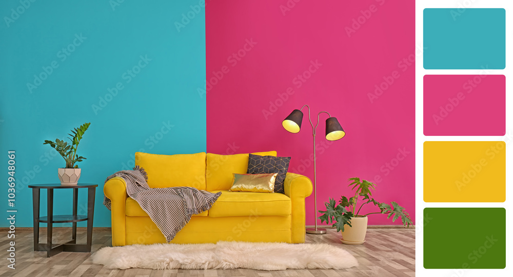 Poster stylish living room with comfortable sofa near colorful wall. interior design and matching color pal