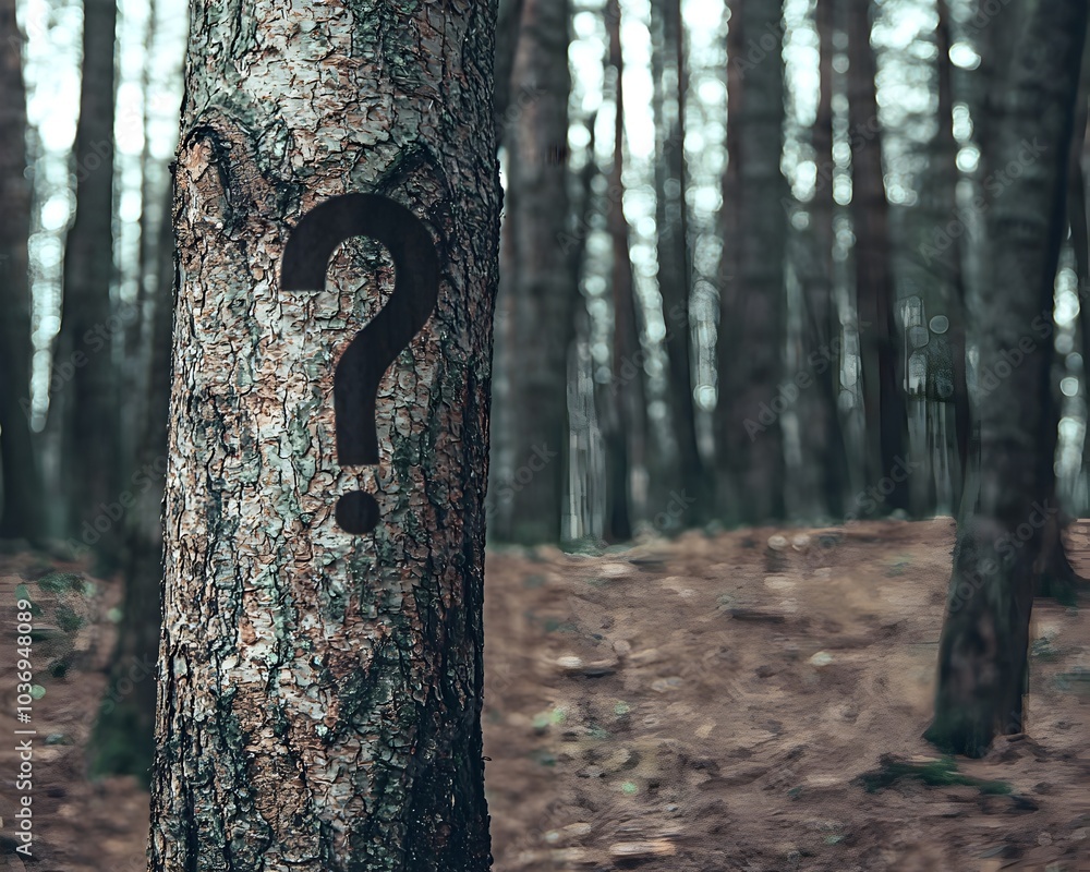 Poster carved question mark on tree trunk in dense forest symbolic representation of life s mysteries