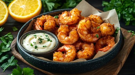 Fototapeta premium Crispy Carabineros prawns with aioli dipping sauce, isolated on a dark wooden background with decorative herbs and citrus slices