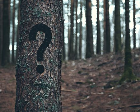 Mysterious Tree Trunk with Question Mark Symbol in Dense Forest