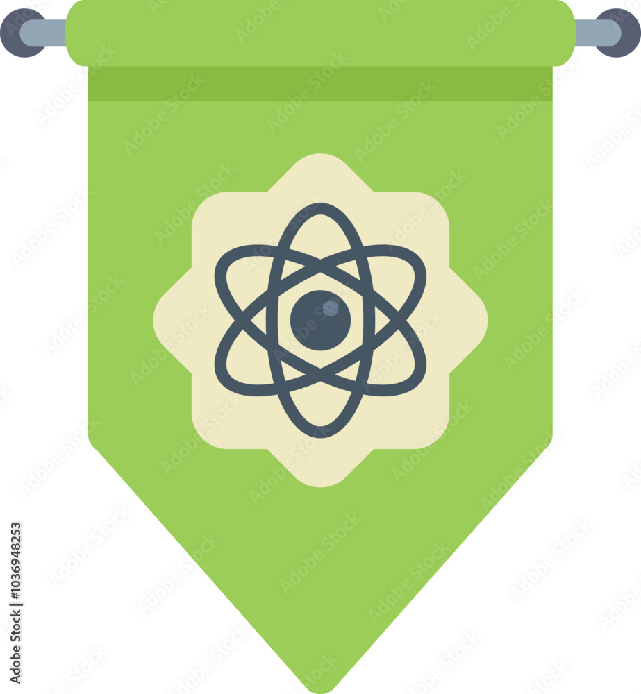 Poster green pennant is displaying a simple atom symbol, suggesting a connection to science and knowledge