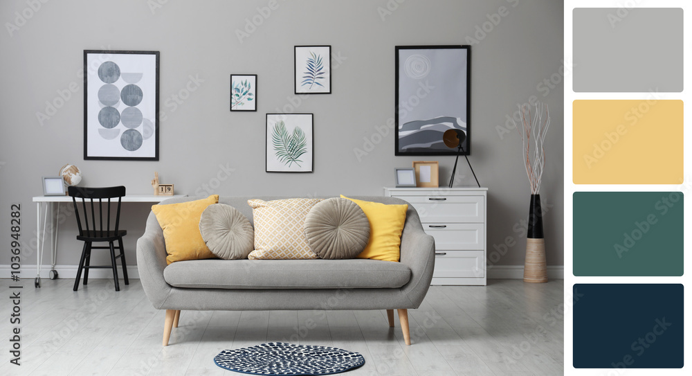 Wall mural stylish living room with comfortable sofa near grey wall. interior design and matching color palette