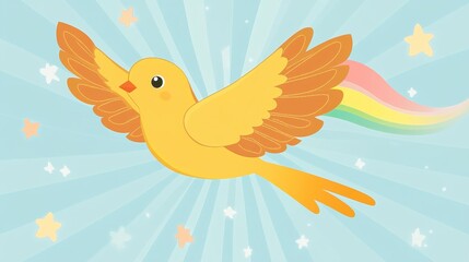 Colorful Cartoon Bird with Rainbow Tail and Stars