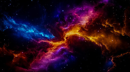 Fototapeta premium Distant galaxy, swirling clouds of gas and dust illuminated by vibrant colors, deep space background.