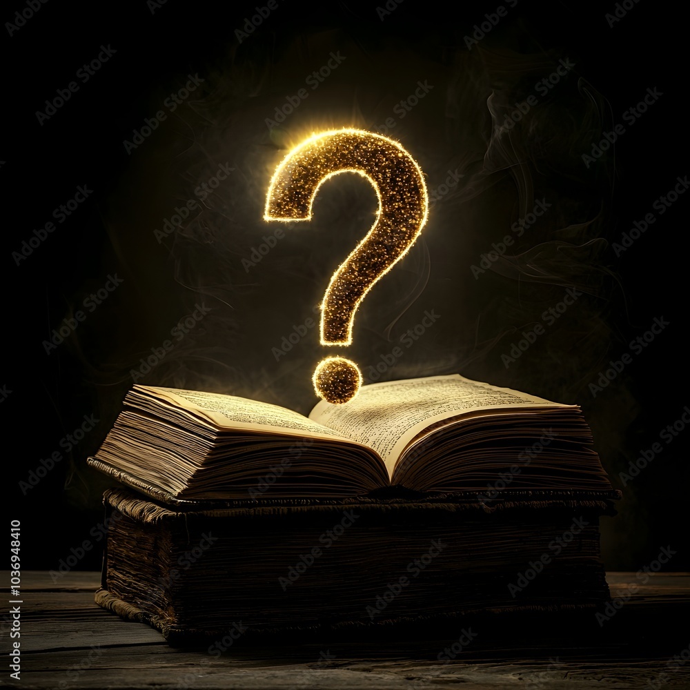 Poster question mark emerging from an illuminated book representing knowledge seeking