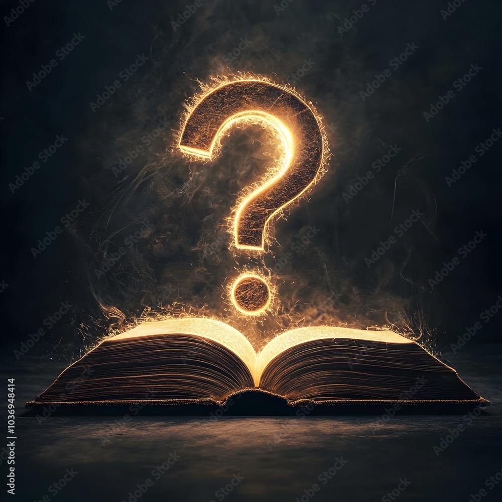 Poster glowing question mark emerging from open book representing search for knowledge and answers