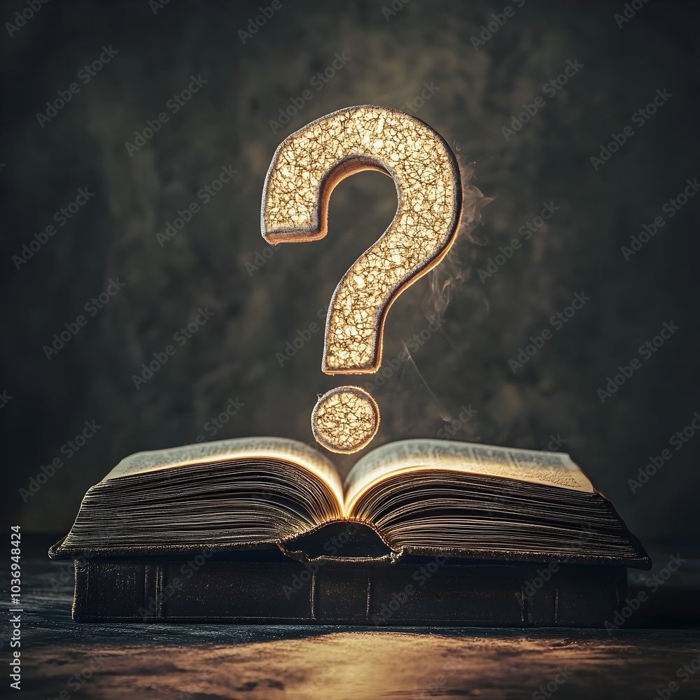 Poster a mystical question mark emerges from the illuminated pages of an open book representing the search 
