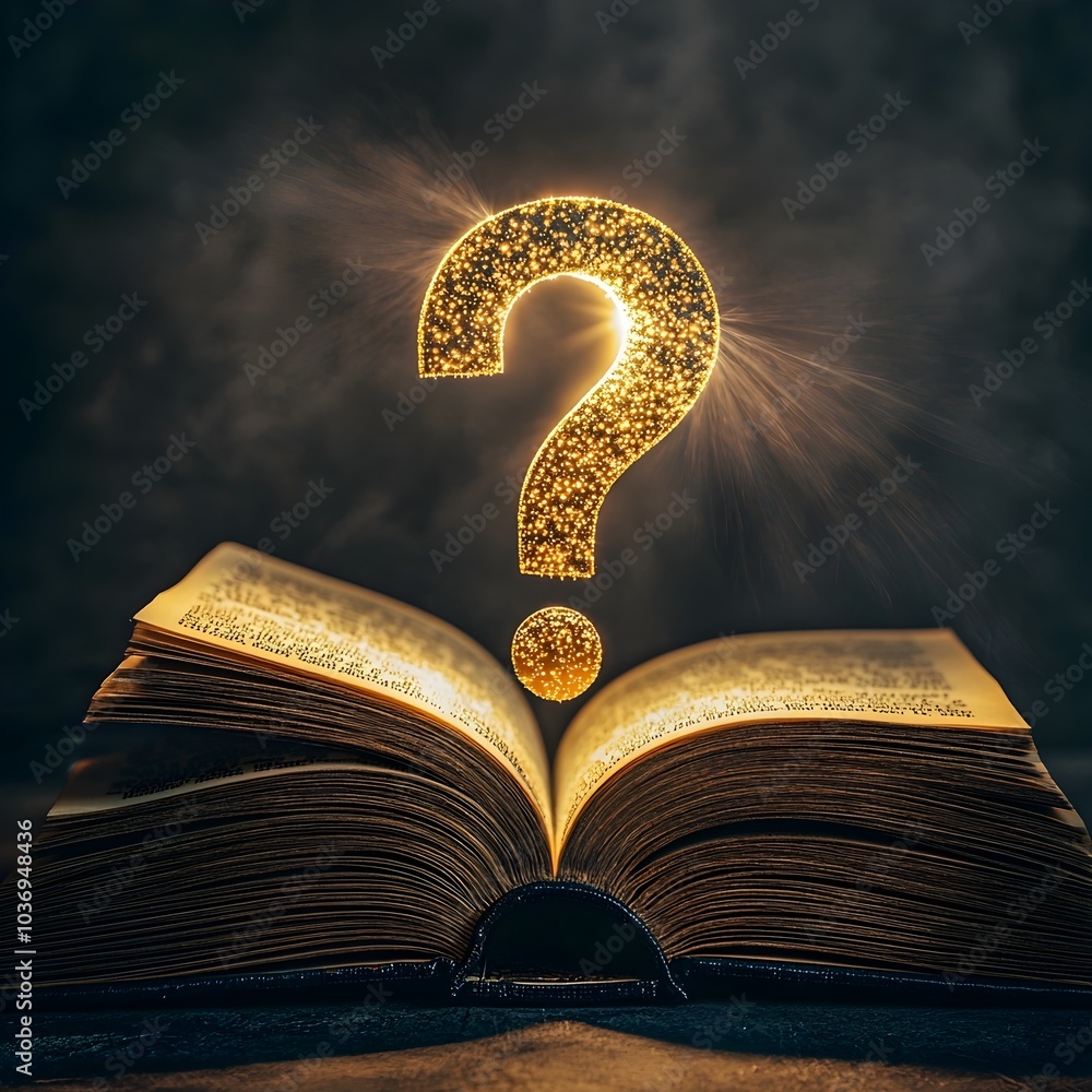 Poster question mark emerging from open book with glowing pages representing search for answers in life