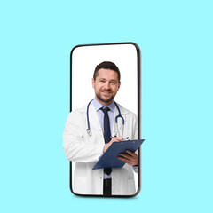 Fototapeta premium Online medical consultation. Doctor with clipboard on smartphone screen against light blue background