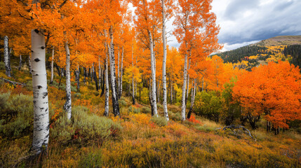 Fototapeta premium A vibrant autumn forest showcasing a variety of trees displaying fiery orange and yellow foliage.