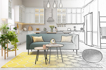 Interior of stylish room, designer's idea realization. Comfortable sofa near kitchen. Combination of photo and sketch