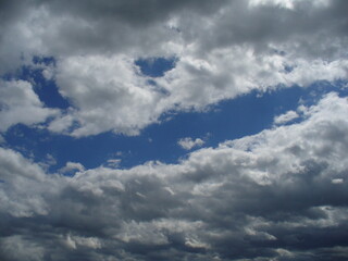 Eyes and face smiling in sky with clouds - natural arrangement of clouds in blue sky. Topics: weather, meteorology, atmosphere, air space, season, optimism, cheerfulness