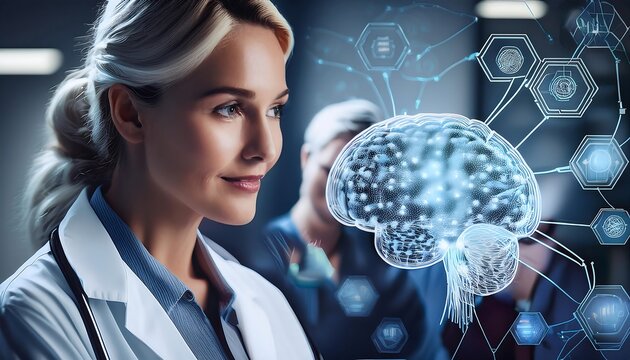 Image of brain with molecules and data processing over diverse doctors working in hospital - Powered by Adobe