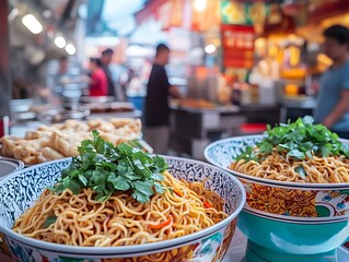 Vibrant street food scene featuring bowls of noodles garnished with herbs.