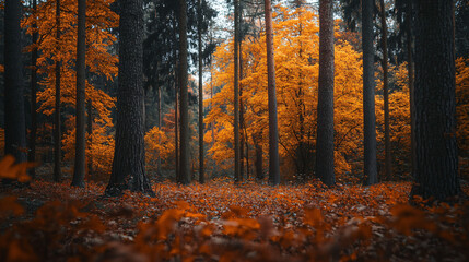 Obraz premium A vibrant autumn forest showcasing a variety of trees displaying fiery orange and yellow foliage.