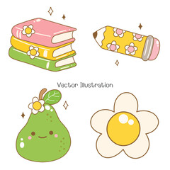 Kawaii Stationary, Back to School Vector Set. Cute Retro Doodle Illustration