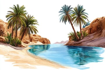 Fototapeta premium Oasis in the Desert with Palm Trees and Turquoise Water
