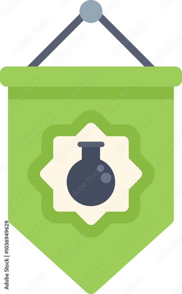 Poster green islamic flag with a lab flask showing the compatibility of science and islam