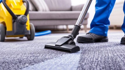 Dedicated Professional Cleaner Ensuring Impeccable Hygiene in a Commercial Setting Through Thorough Vacuuming