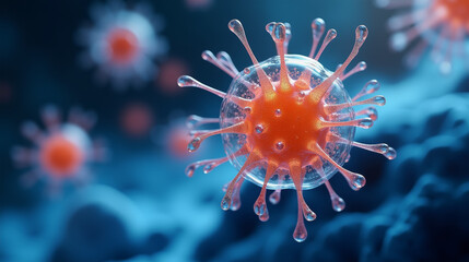 Highly detailed microscopic view of a virus particle floating against a blue background. Close-Up of a Virus Particle with Spikes in a Microscopic View