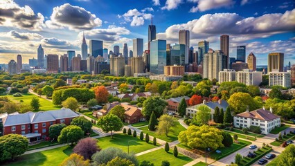 Obraz premium Scenic view of lush suburb in chicago, illinois, usa. City center showcasing stunning skyscrapers in background. Aerial perspective