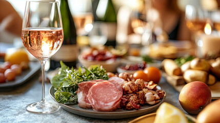 A Delightful Spread of Charcuterie and Fresh Produce Paired With Sparkling Rose Wine on a Festive Table Setting