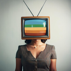 Donna con una vecchia televisione sul viso