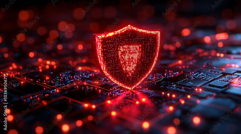 Poster a glowing red shield symbol on a circuit board, representing cybersecurity and data protection.