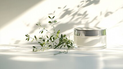 A glass cream container with a metallic silver lid, sitting on a smooth white surface, with delicate leaves and soft floral shadows as decoration