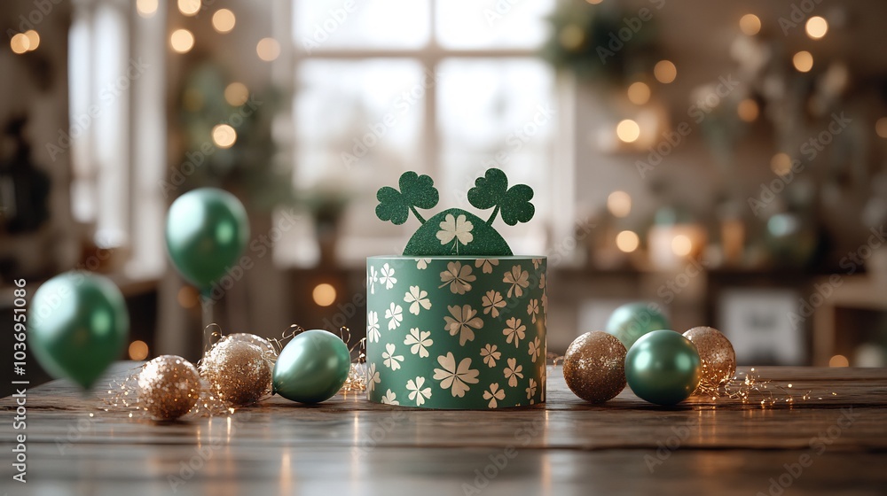 Poster whimsical setup showcasing empty paper banner adorned with clovers a stylish st patrick's day hat an