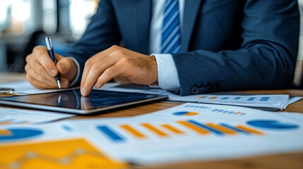 A Professional Analyzing Data on a Tablet Surrounded by Financial Reports in a Modern Office Setting During the Day