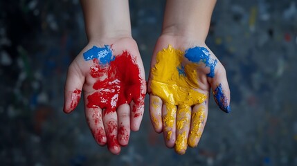 Two hands covered in red, yellow, and blue paint.
