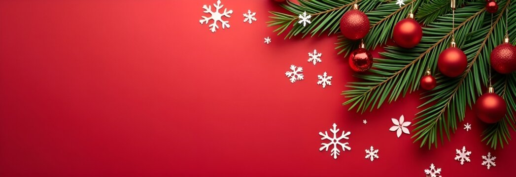 Christmas garland with decorations, trets and snowflakes on a red background, creating a festive atmosphere.