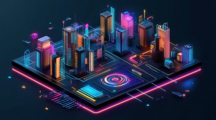 Futuristic Cityscape with Neon Lights and Digital Design