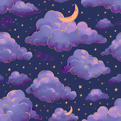 A magical scene with fluffy purple clouds, a crescent moon, and glowing stars, seamless design