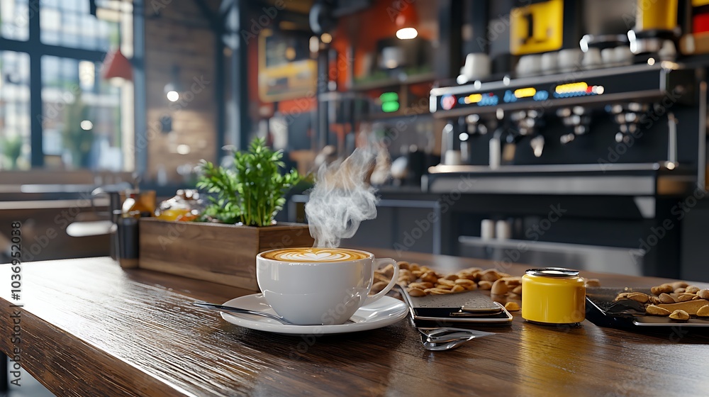 Wall mural steaming latte coffee in cafe with coffee machine nuts and phone on wooden table